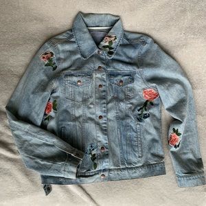 Flower Embroidered Light Wash Denim Jacket